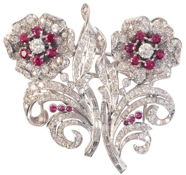 A RUBY AND DIAMOND DOUBLE CLIP FLOWER BROOCH