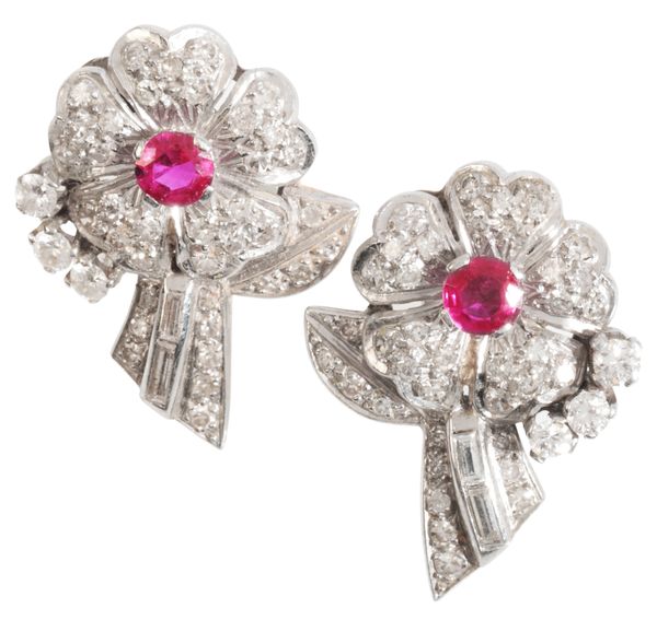 A PAIR OF RUBY AND DIAMOND FLOWER EARRINGS