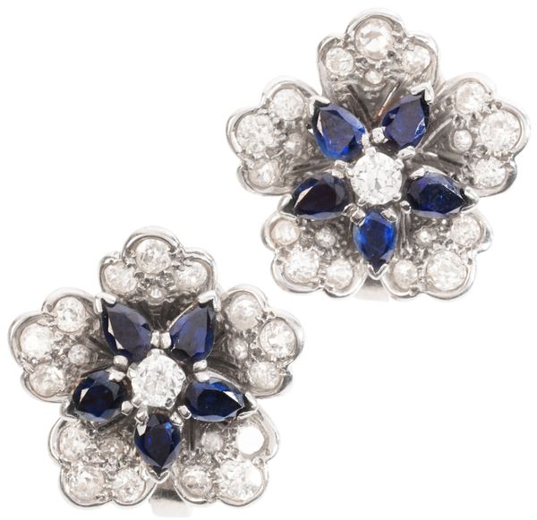 A PAIR OF SAPPHIRE AND DIAMOND FLOWER EARRINGS