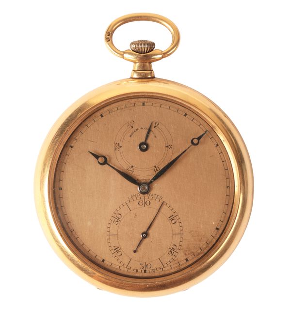 BIRCH & GAYDON, LONDON: A GENTLEMAN'S 18CT GOLD OPEN FACE CHRONOGRAPH POCKET WATCH