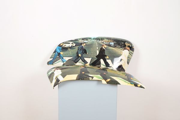 A PAIR OF LAMBRETTA SIDE PANELS WITH THE BEATLES AT THE ABBEY ROAD CROSSING
