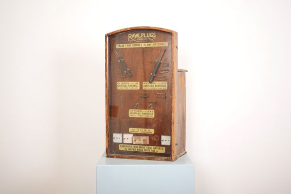 RAWLPLUGS: A COUNTERTOP GLAZED PINE SHOP DISPLAY CABINET