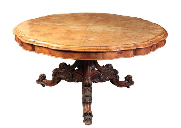 A VICTORIAN FIGURED WALNUT CIRCULAR BREAKFAST TABLE