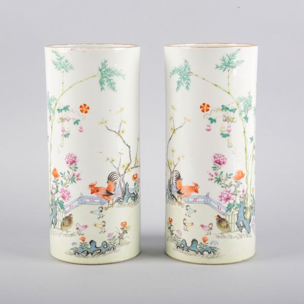 A PAIR OF CHINESE PORCELAIN CYLINDER VASES OR HAT STANDS