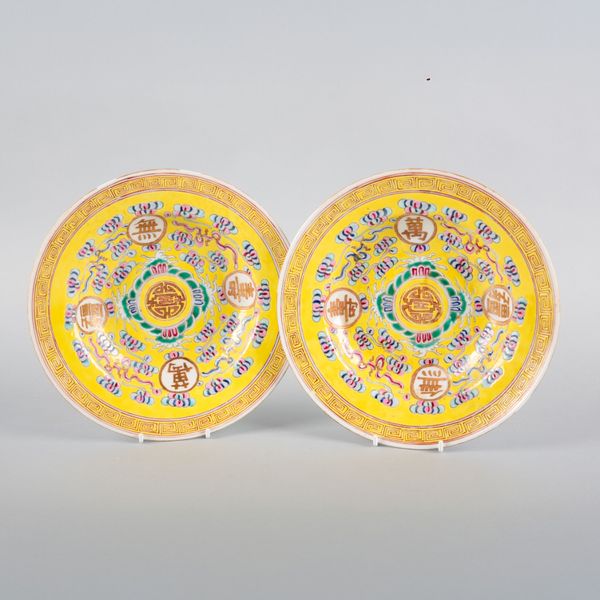 A PAIR OF CHINESE PORCELAIN FAMILLE ROSE 'WAN SHOU WU JIANG' DISHES