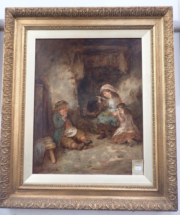 M.W. LANGLOIS: THREE CHILDREN EATING BY THE COTTAGE FIRE