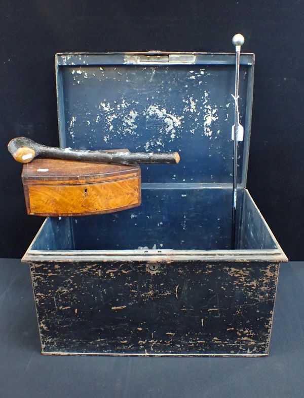 A JAPANNED TIN TRUNK, A SWAGGER STICK