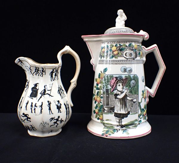 A 19th CENTURY JUG, WITH CHARACTERS IN SILHOUETTE