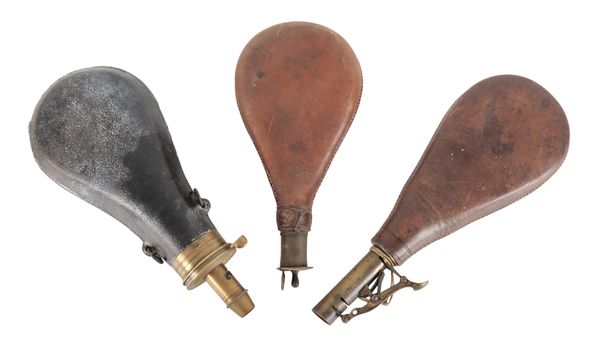 THREE VINTAGE LEATHER AND BRASS POWDER FLASKS