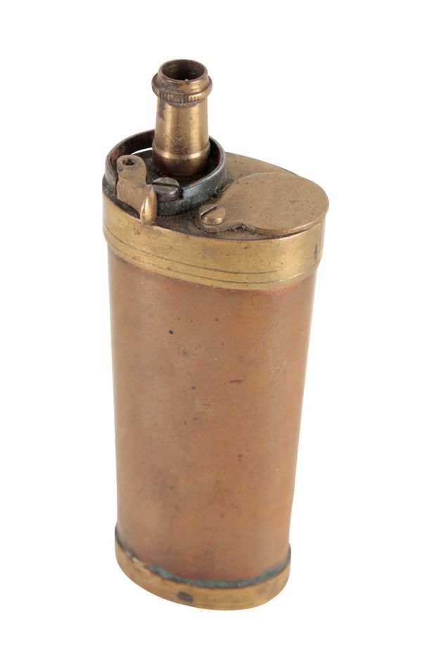 A FLINT LOCK PISTOL COPPER AND BRASS POWDER FLASK