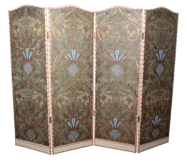 AN EMBOSSED AND STUDDED LEATHER THREE-FOLD DRAUGHT SCREEN OF ART NOUVEAU DESIGN
