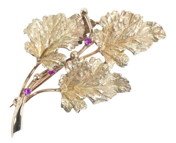 A VINTAGE RUBY LEAF BROOCH