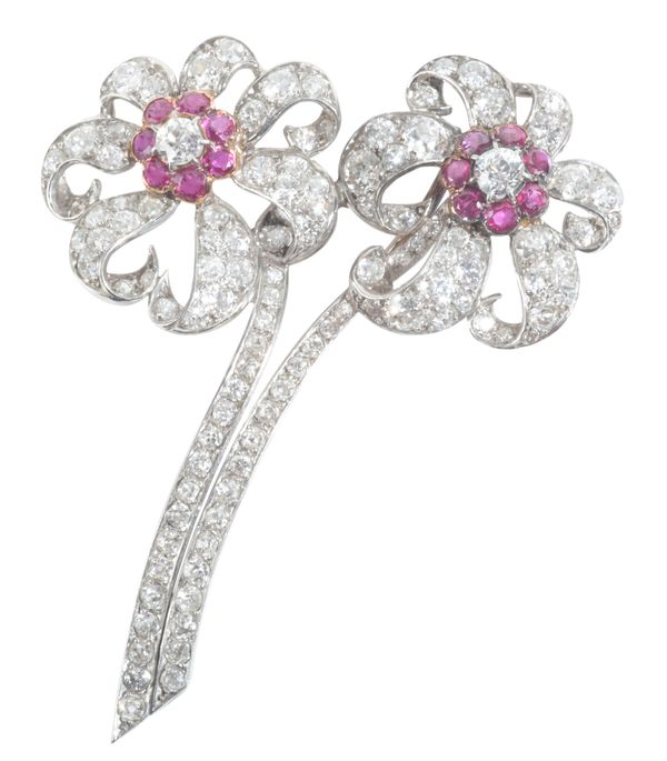 A FINE RUBY AND DIAMOND FLOWER BROOCH