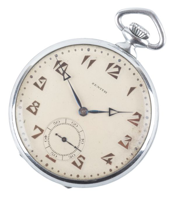 ZENITH: A STAINLESS STEEL OPEN FACE POCKET WATCH