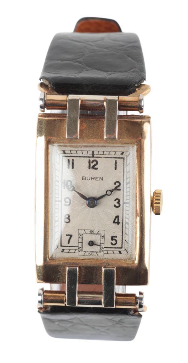 BUREN: AN ART DECO 9CT BI-COLOUR GOLD WRISTWATCH