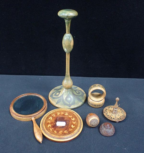 A TUNBRIDGE WARE RING STAND, A NUTMEG GRATER