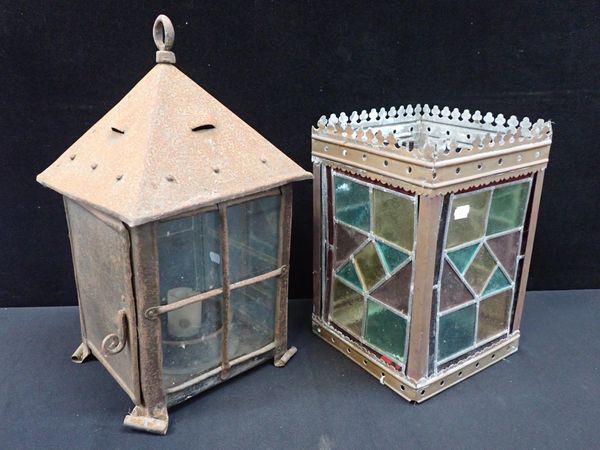 A VICTORIAN HALL LANTERN WITH COLOURED LEADED GLASS PANELS