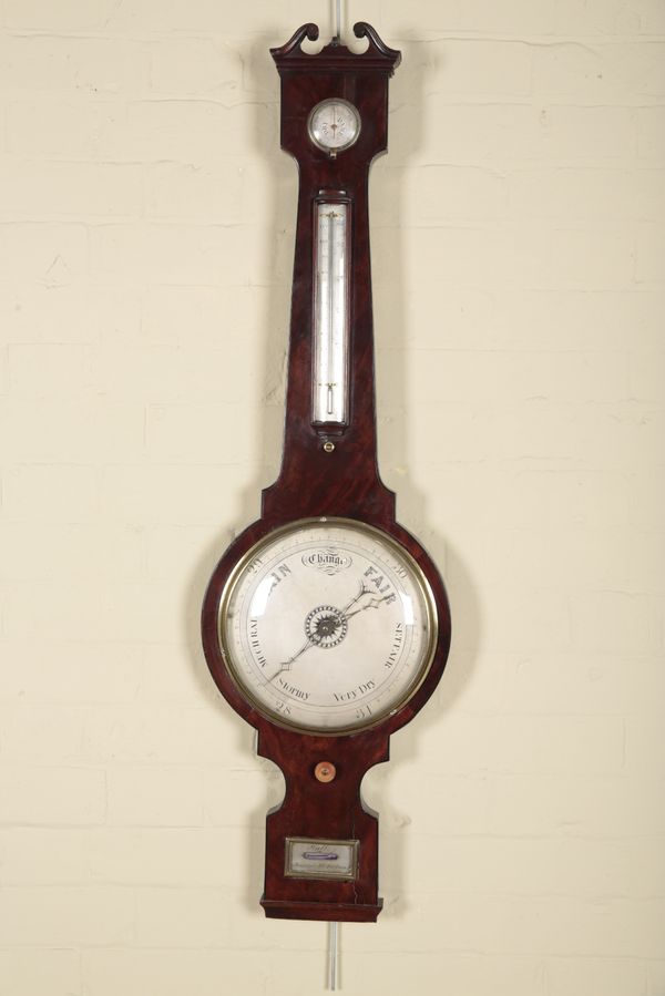 A GEORGE III MAHOGANY BAROMETER BY HALL, PORTSEA