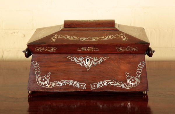 A ROSEWOOD SARCOPHAGUS TEA CADDY