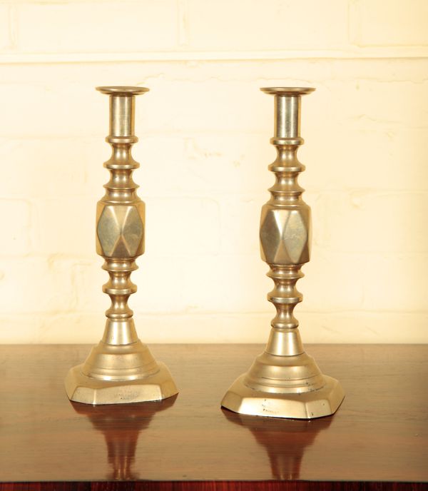 A PAIR OF VICTORIAN 'THE DIAMOND PRINCE' BRASS CANDLESTICKS