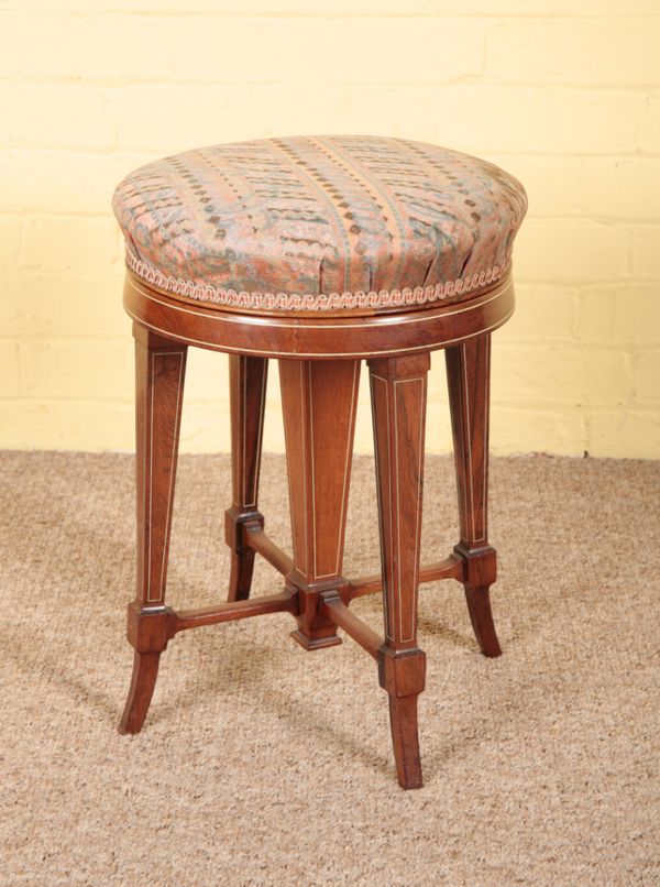 AN EDWARDIAN MAHOGANY ADJUSTABLE PIANO STOOL BY JAMES SHOOLBRED, LONDON