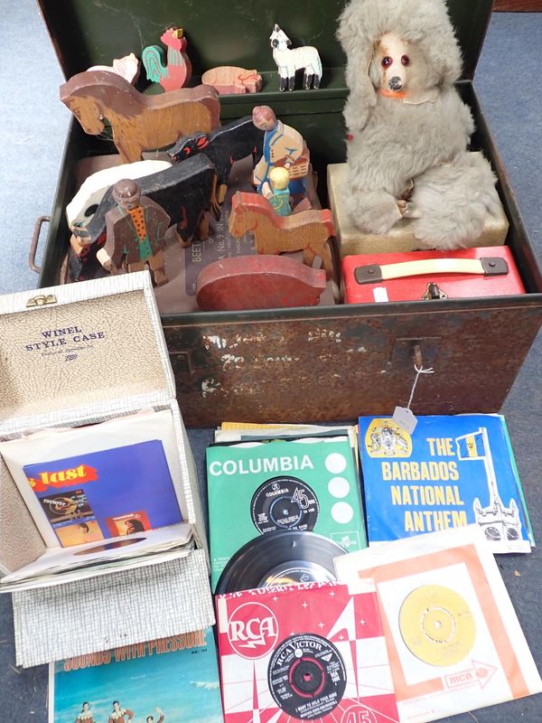 A TIN TRUNK, WOODEN TOYS