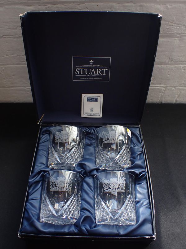 FOUR STUART CRYSTAL WHISKY TUMBLERS, ENGRAVED DORSET ARMS