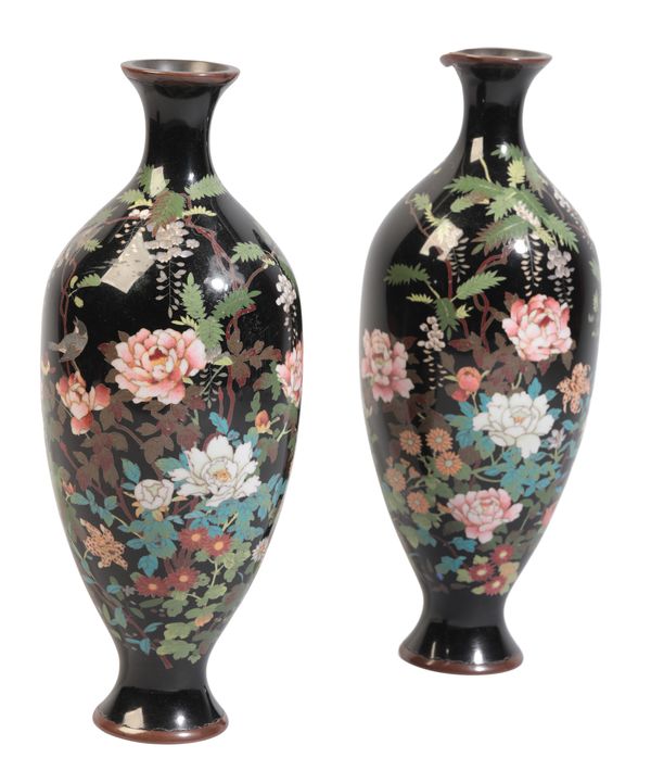 A PAIR OF JAPANESE BLACK GROUND CLOISONNE VASES