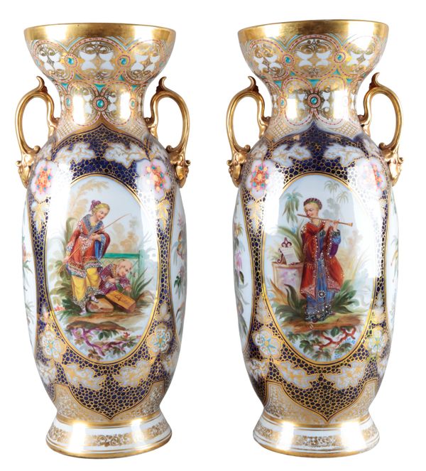 A PAIR OF LARGE CONTINENTAL PORCELAIN BALUSTER VASES