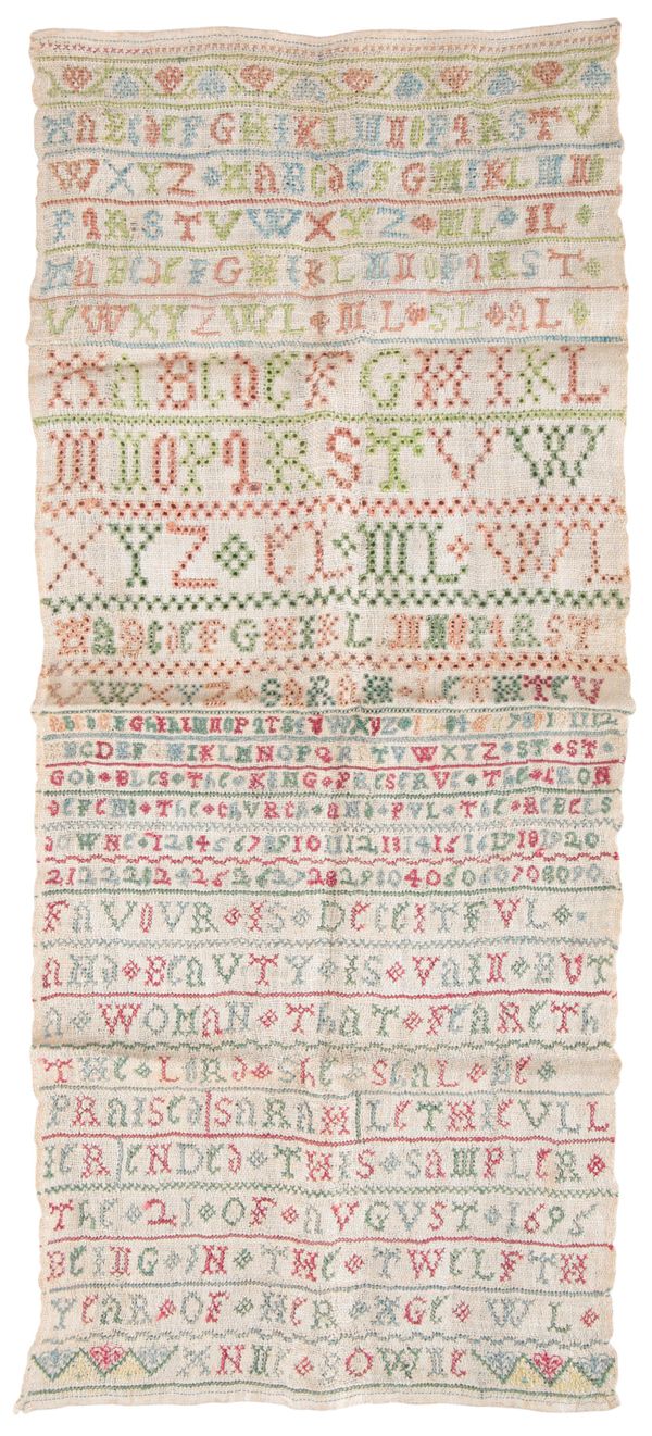 A WILLIAM AND MARY LINEN BAND SAMPLER