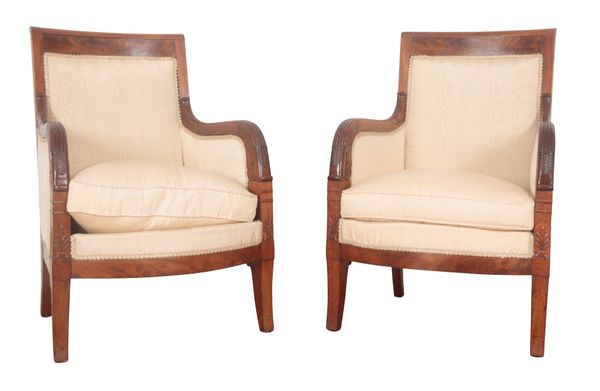 A PAIR OF FRENCH FIGURED MAHOGANY ARMCHAIRS