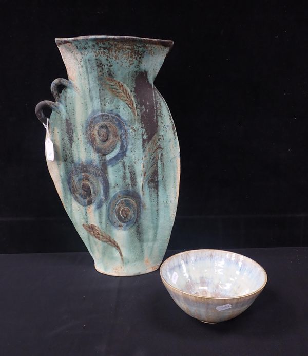 A LARGE STUDIO POTTERY FLATTENED FORM VASE