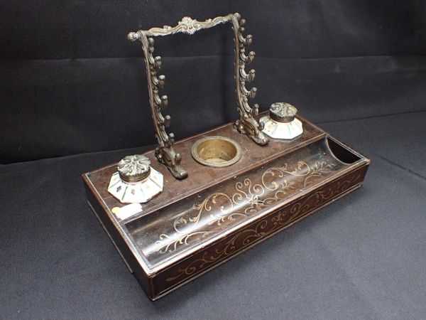 A FRENCH BRASS INLAD WALNUT DESK STAND