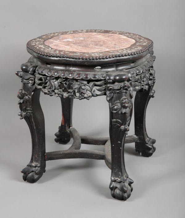 A CHINESE HARDWOOD, INSET MARBLE AND MOTHER OF PEARL JARDINIÈRE STAND