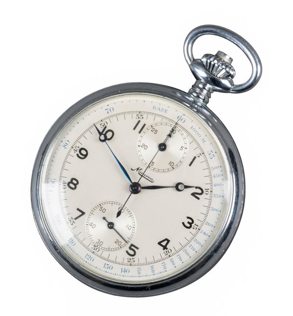 MINERVA: A NICKEL-PLATED OPEN FACE CHRONOGRAPH POCKET WATCH