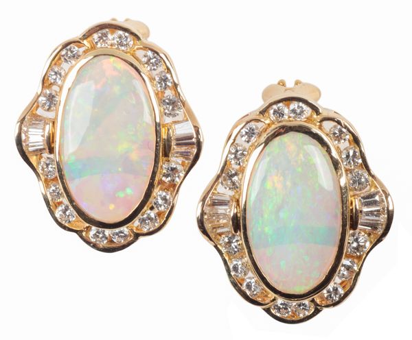 A PAIR OF OPAL AND DIAMOND STUD EARRINGS