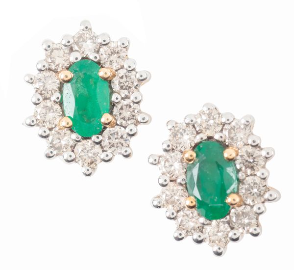 A PAIR OF EMERALD AND DIAMOND CLUSTER EAR STUDS