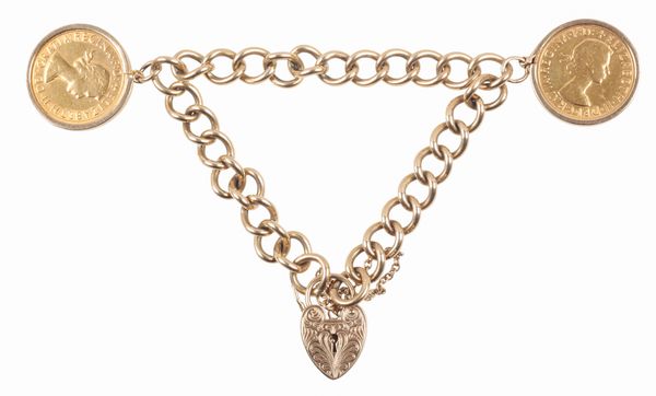 A 9CT GOLD CURB LINK BRACELET WITH TWO MOUNTED FULL SOVEREIGNS