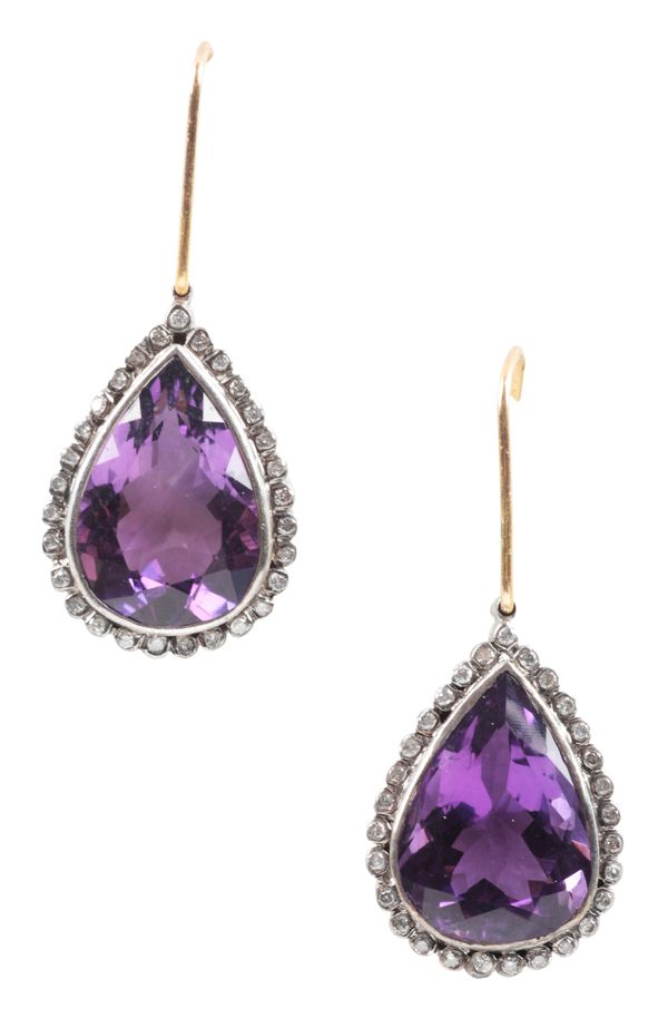 A PAIR OF LARGE AMETHYST AND DIAMOND DROP EARRINGS