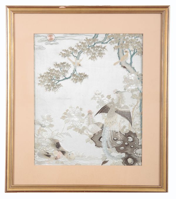 A CHINESE SILK 'ONE HUNDRED BIRD' PATTERN EMBROIDERY