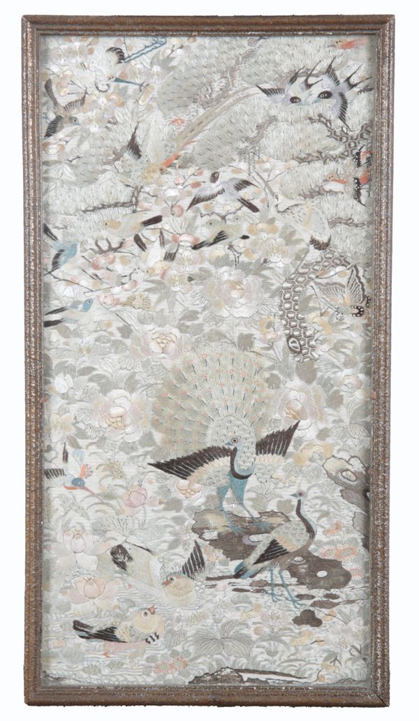 A CHINESE SILK 'ONE HUNDRED BIRD' PATTERN EMBROIDERY