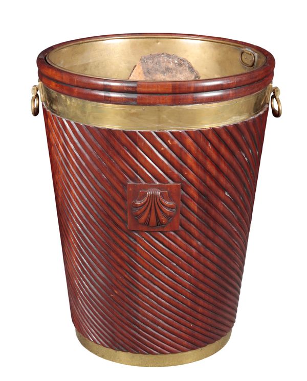 A LARGE GEORGE III STYLE MAHOGANY AND BRASS BOUND LOG BUCKET