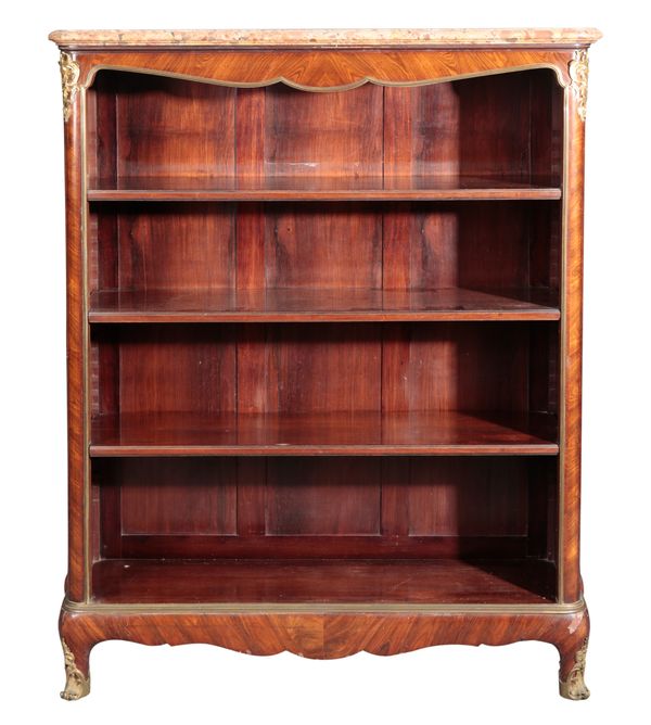 A LOUIS XVI STYLE KINGWOOD AND MARBLE-TOPPED OPEN BOOKCASE