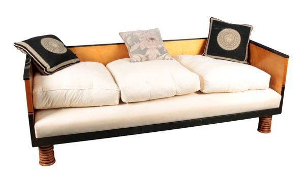 AN ART DECO EGYPTIAN REVIVAL BIRCHWOOD, SATINWOOD AND EBONY STRUNG SOFA