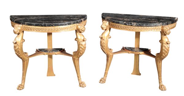 A PAIR OF GILTWOOD AND MARBLE-TOPPED CONSOLE TABLES