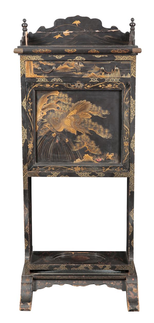 A JAPANESE BLACK LACQUERED SECRETAIRE CABINET ON STAND