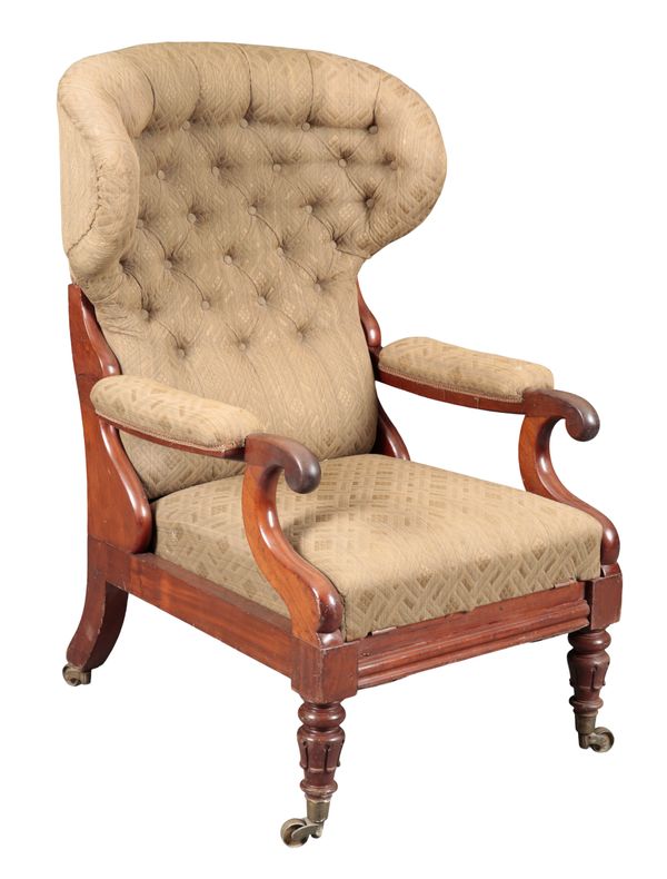 A VICTORIAN MAHOGANY 'SELF-ACTING' RECLINING WING ARMCHAIR BY GEORGE MINTER OF LONDON