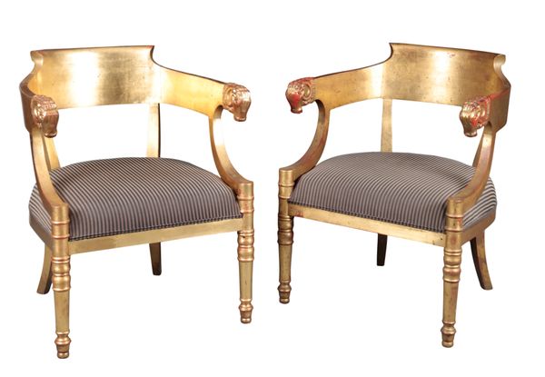 A PAIR OF EMPIRE STYLE GILTWOOD ARMCHAIRS IN THE MANNER OF JACOB FRERES