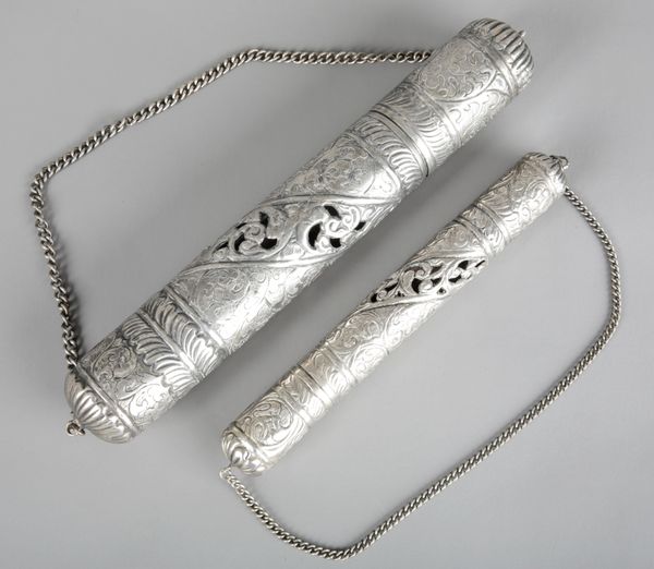 TWO SIMILAR WHITE METAL SCROLL OR INCENSE HOLDERS