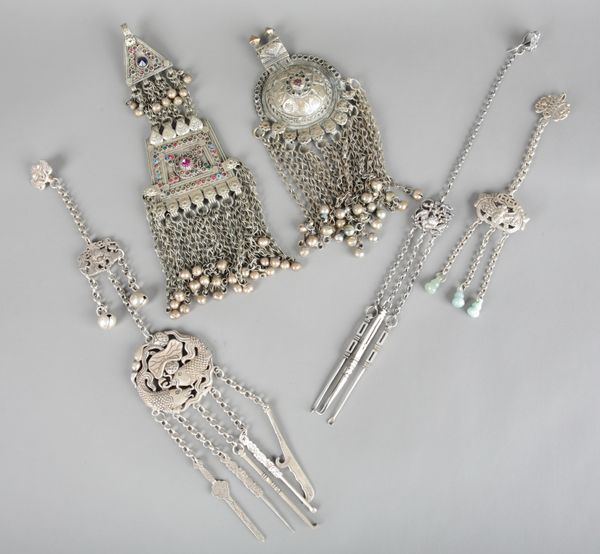 A CHINESE WHITE METAL CHATELAINE